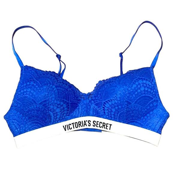 Victoria's Secret Other - Victoria's Secret Bra Women's 34DD Blue Lace Logo Lined No Wire Wireless